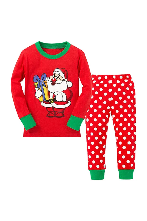 Long Sleeve Santa Claus Print Polka Dot Kids Girls Christmas Pajama Red-elleschic