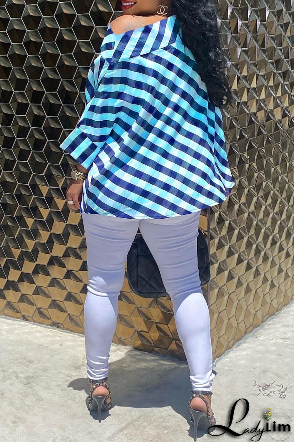 Black Casual Plaid Print Patchwork Asymmetrical Oblique Collar Tops