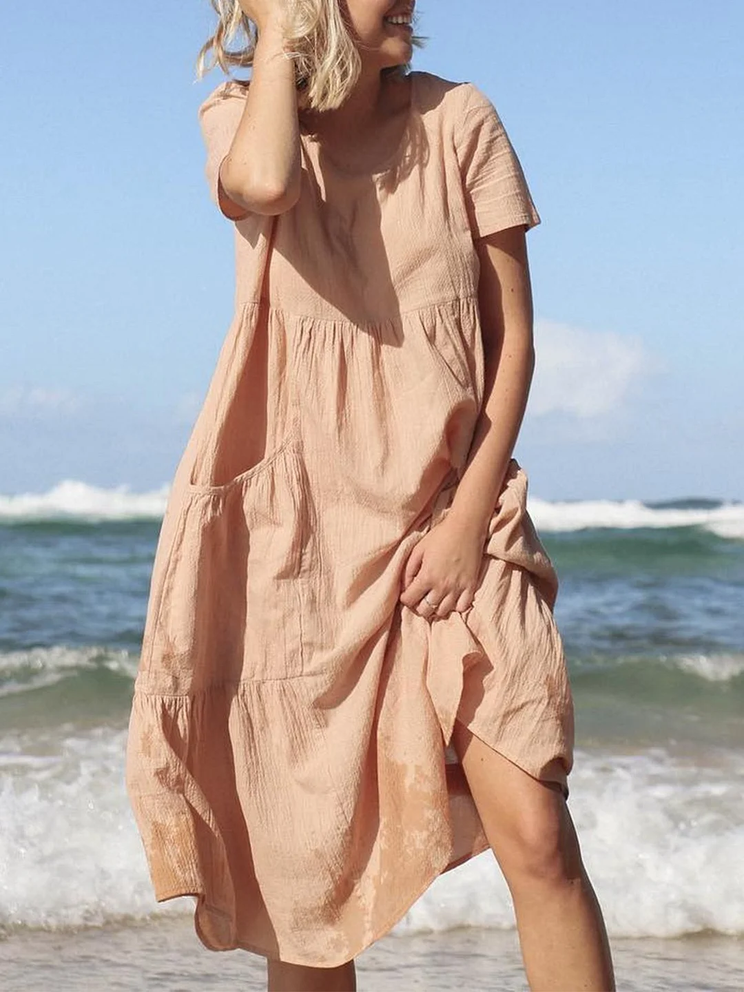 Plus Size Women Short Sleeve   Solid Loose Casual  Midi  Dress