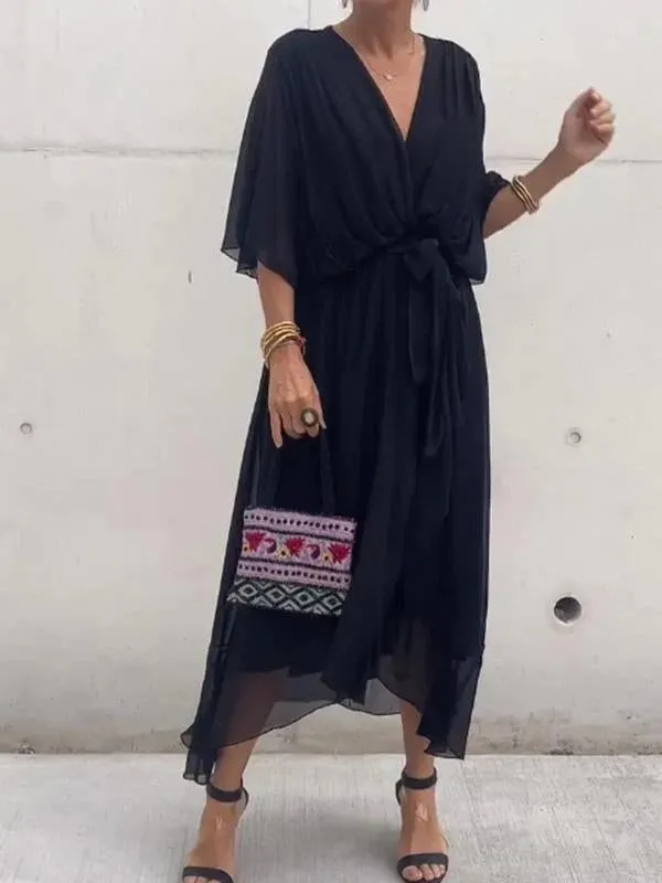 V Neck Pleats Chiffon Dress