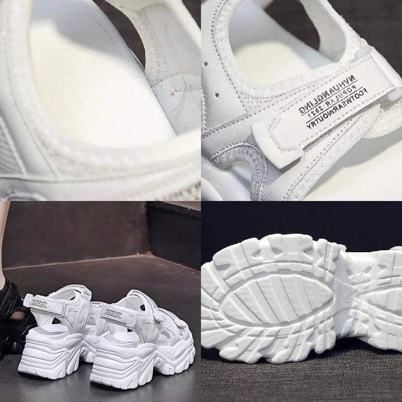 Fujin Leather 8cm Platform Sandals Wedge Heel for Women Summer Shoes Casual Hook Loop Slides Beach Shoes Slippers Chunky Shoes