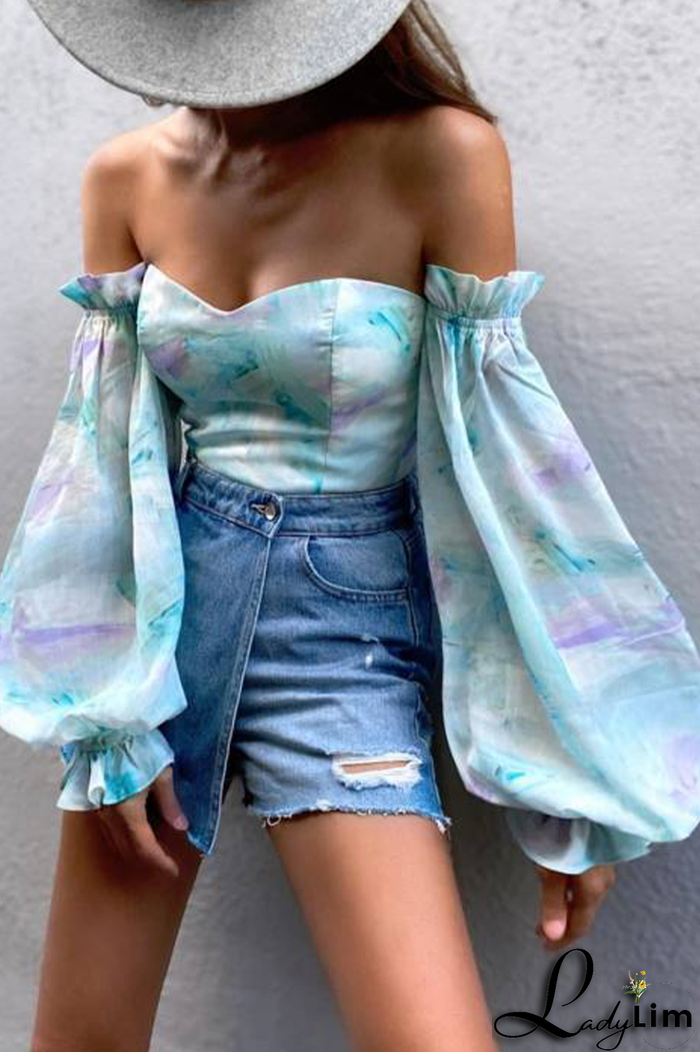 Khaki Fashion Print Patchwork Off the Shoulder Tops