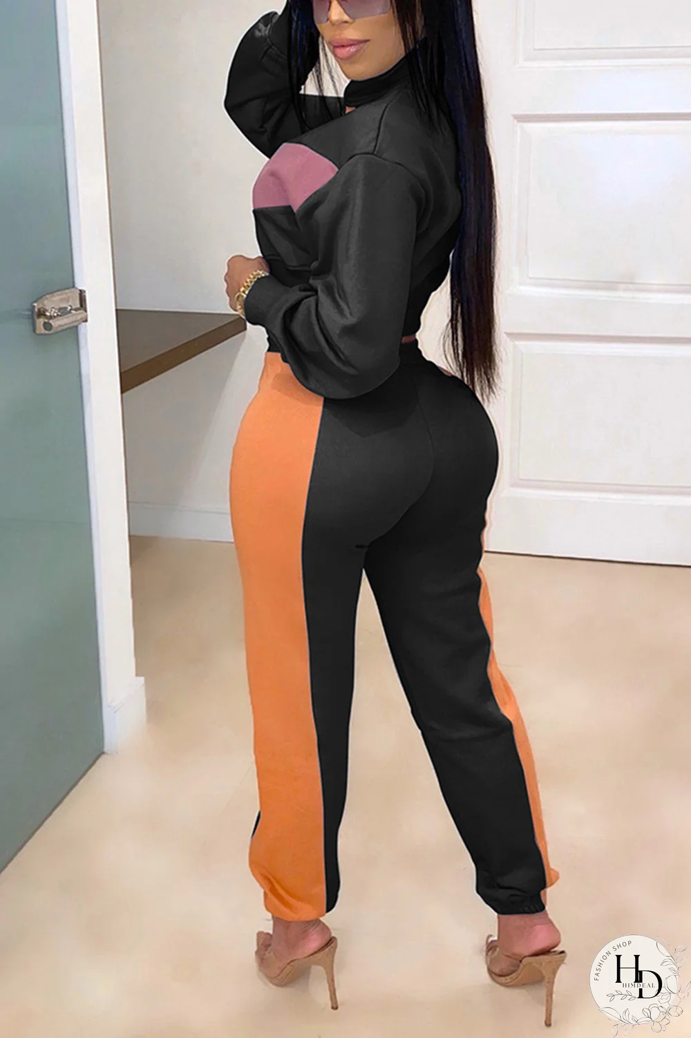 Black Street Split Joint Turtleneck Long Sleeve Two Pieces