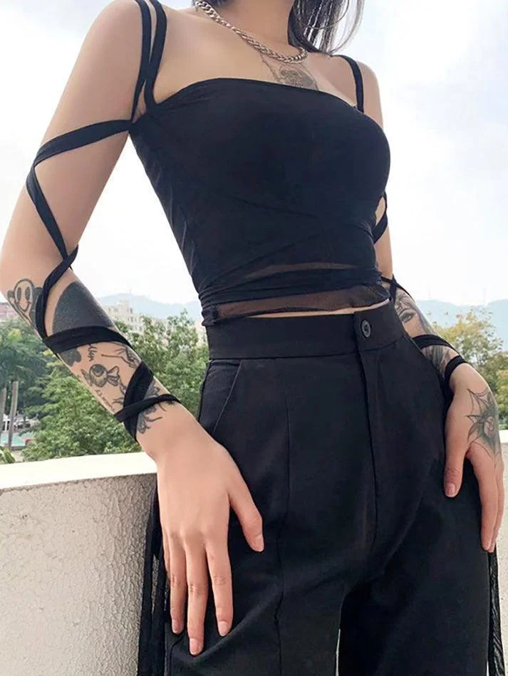 Brownm Bandage Detail Mesh Crop Cami Top