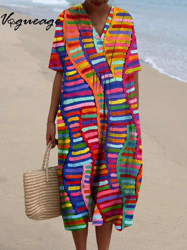 Colorful Lines Splicing Printed Women's Casual Cotton And Linen Dress