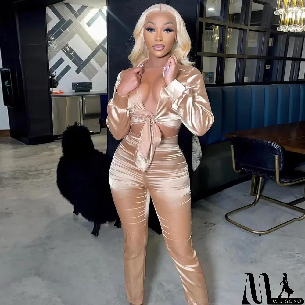 MidiSono - Sexy V-neck Lace-up Slim Two-piece Suit