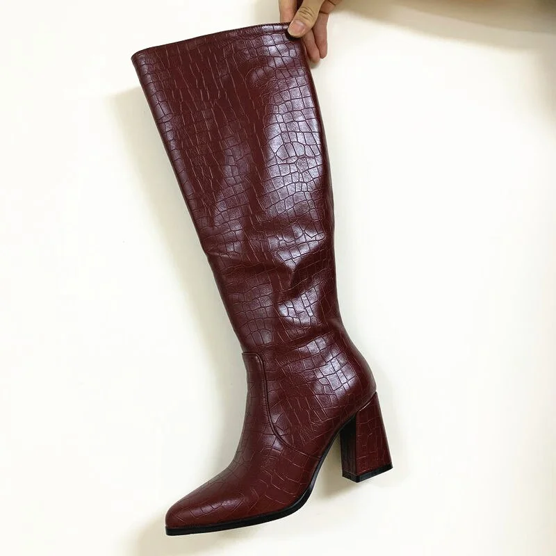 Faux Leather Women Knee High Boots poined Toe Boots Women Long thick High Heel Boots black gold yellow green