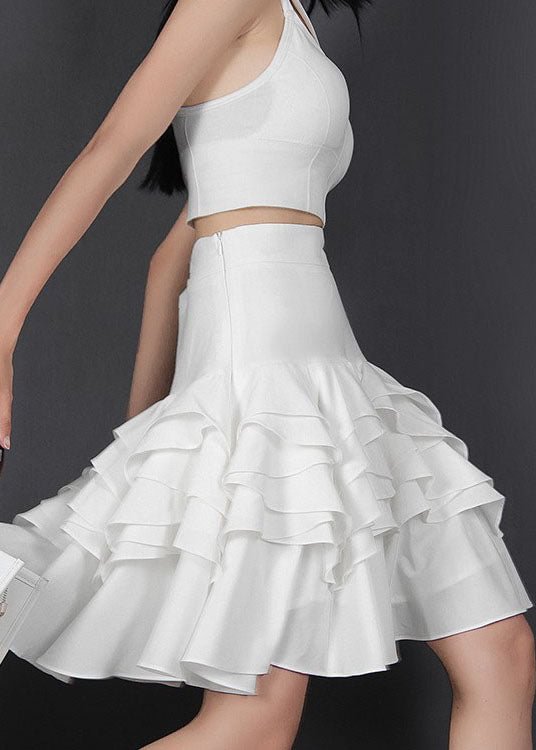 Handmade White Zip Up Ruffles Skirt Spring CK2170- Fabulory