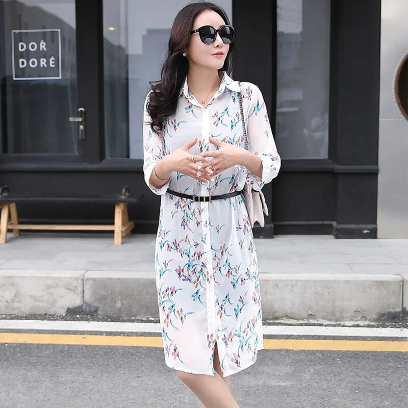 Summer Sun Protection Women Long Blouses Super Thin Floral Chiffon Cardigan Half Sleeve Loose Flower Print Blouse Shirts 4152