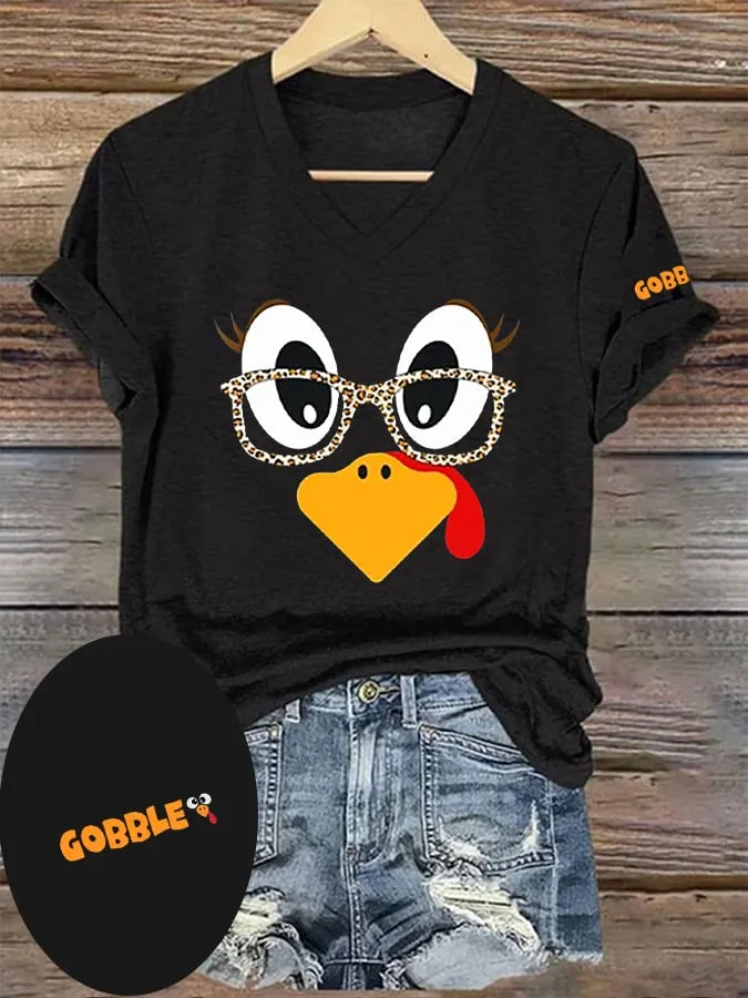 Women's Thanksgiving Day Cute Turkey Fall Thanksgiving Printed V-Neck Tee 