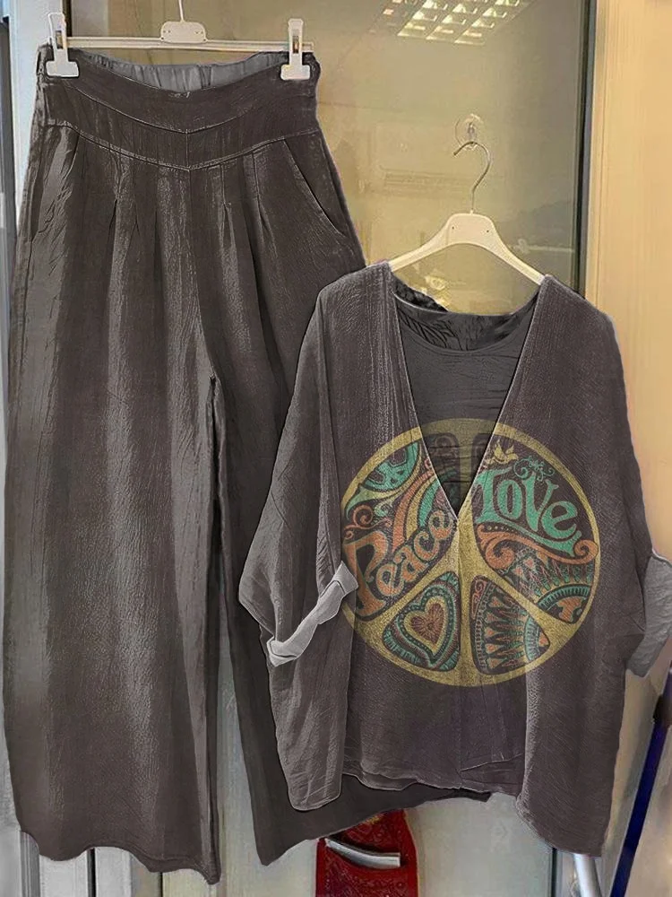 Women's Hippie Pattern Art Print V-Neck Top Wide Leg Pants Cotton Set