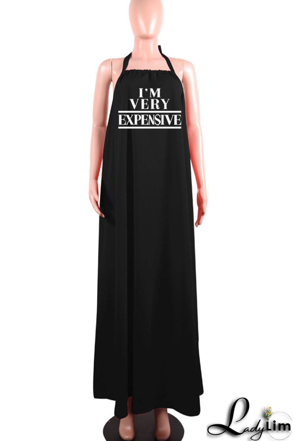 Black Sexy Print Split Joint Backless Halter Straight Dresses