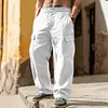 Men's Casual Vacation Solid Color Comfortable Breathable Multi-pocket Linen Cargo Pants by Inlyline