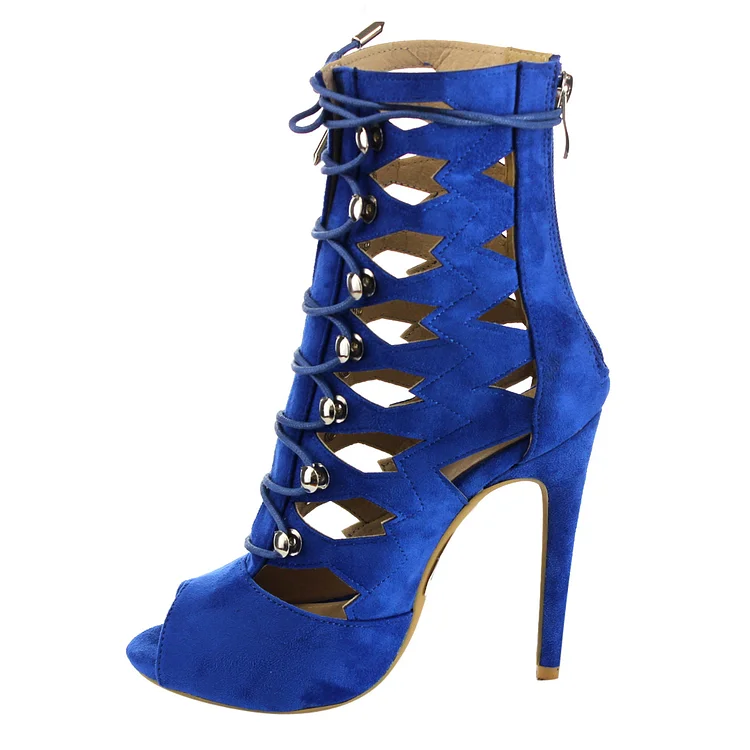 Cobalt Blue Vegan Suede Lace Up Boots Cut out Stiletto Heel Booties |FSJ Shoes