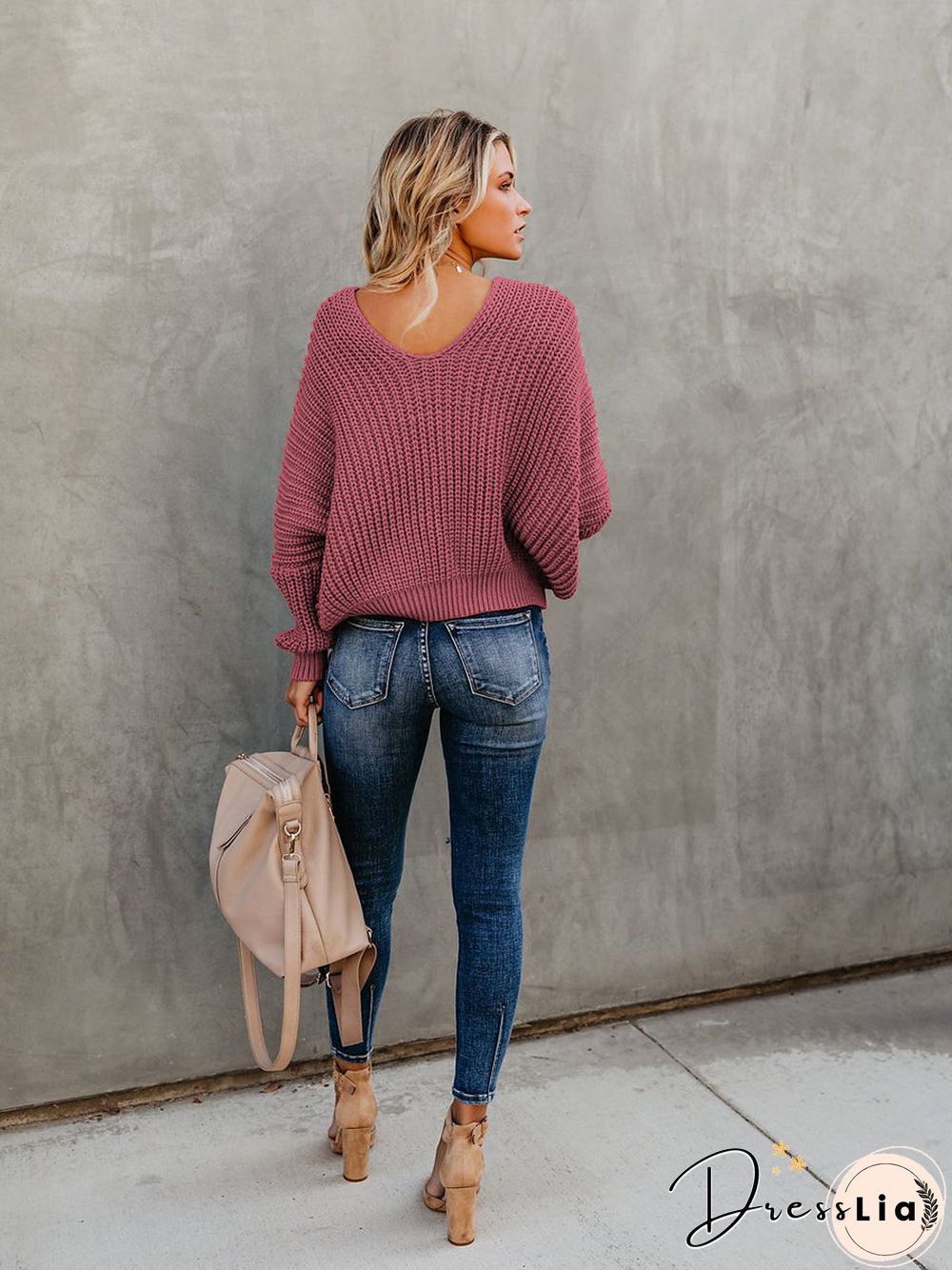 Indianred Loose Long Sleeve Knit V-Neck Sweater