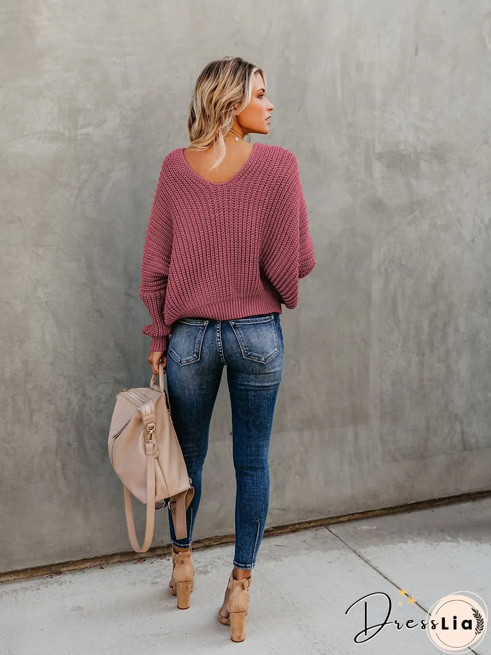 Indianred Loose Long Sleeve Knit V-Neck Sweater