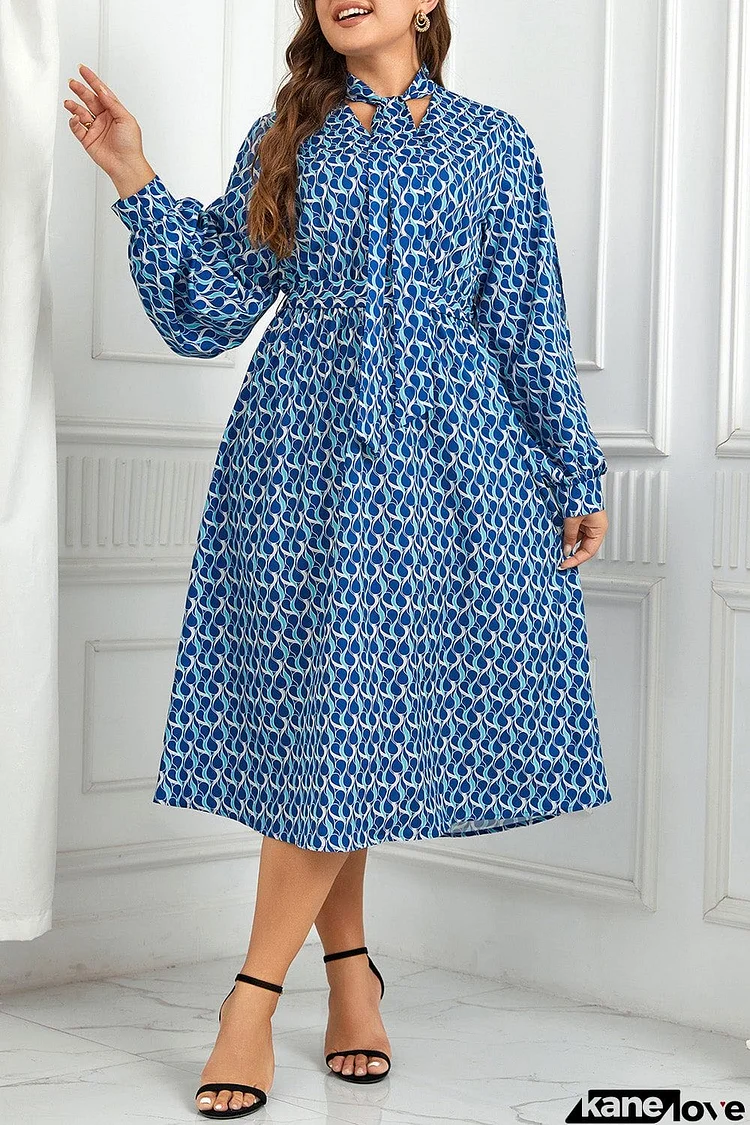 Plus Size Printed Tie Neck Midi Dress