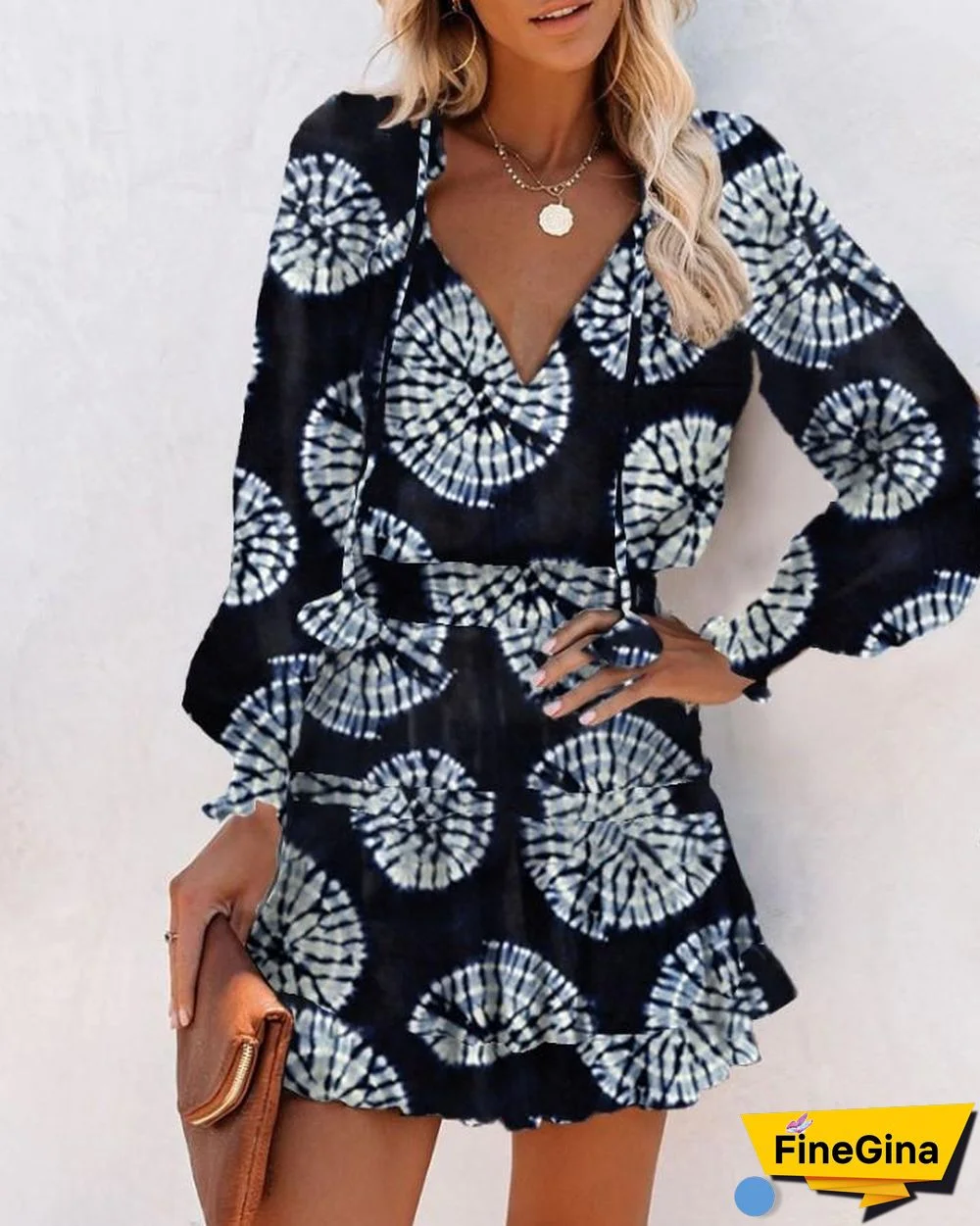 All Over Print Skinny Waist Long Sleeve Mini Dress P10043