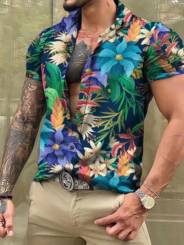 Men's Hawaiian Flower and Grass Printed Loose Shirts at Hiphopee