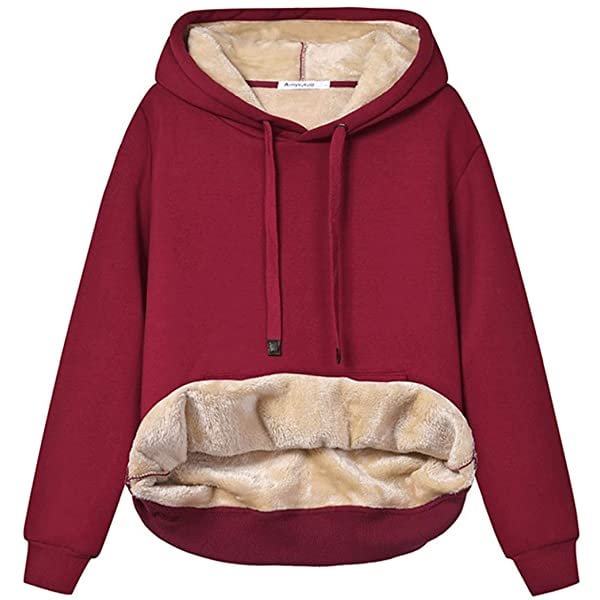 Womens Casual Winter Warm Fleece Sherpa Lined Pullover Hooded Sweatshirt