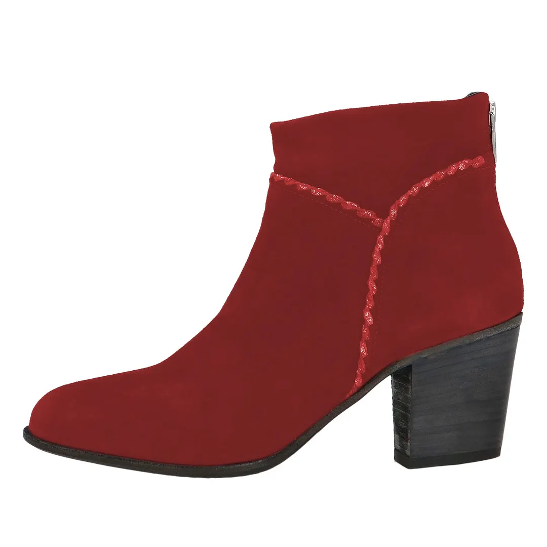 Red Round Toe Chunky Heel Back Zipper Stitching Short Booties