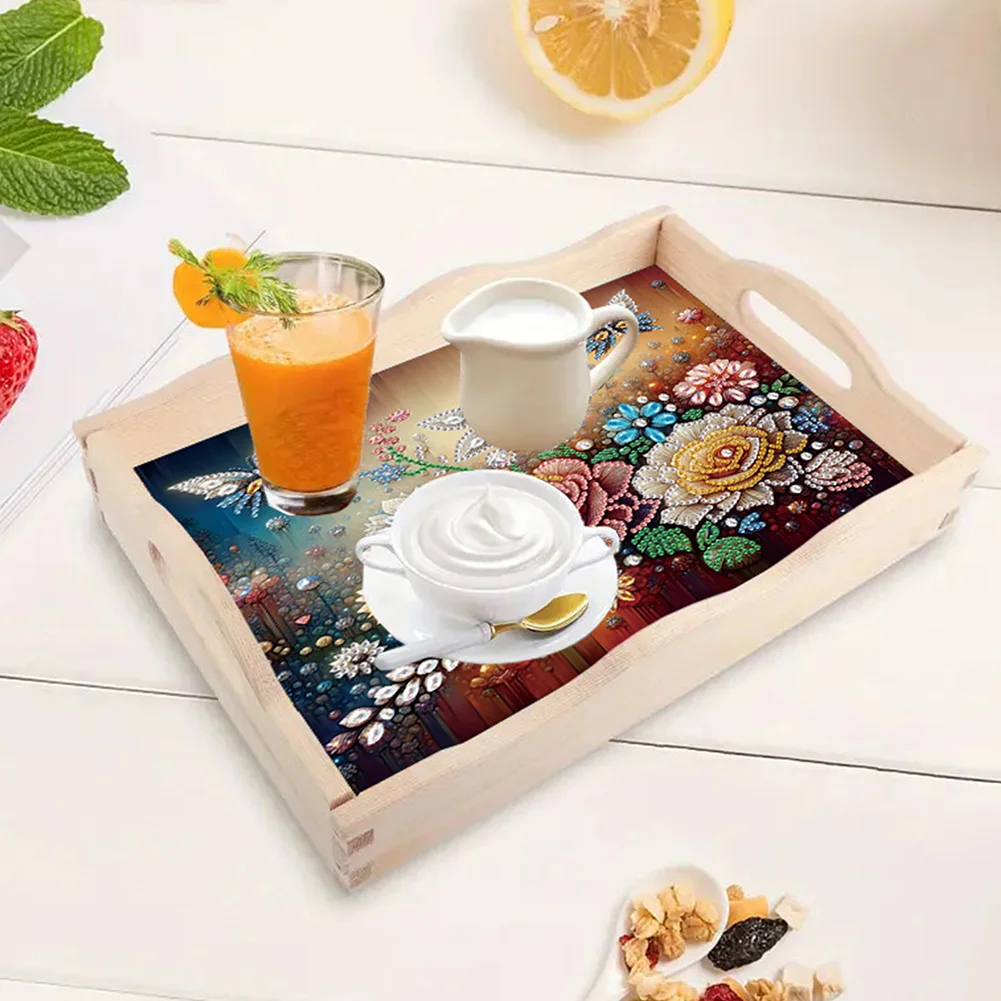 5D DIY Flower Butterfly Diamond Painting Wooden Serving Tray with Handle for Desk