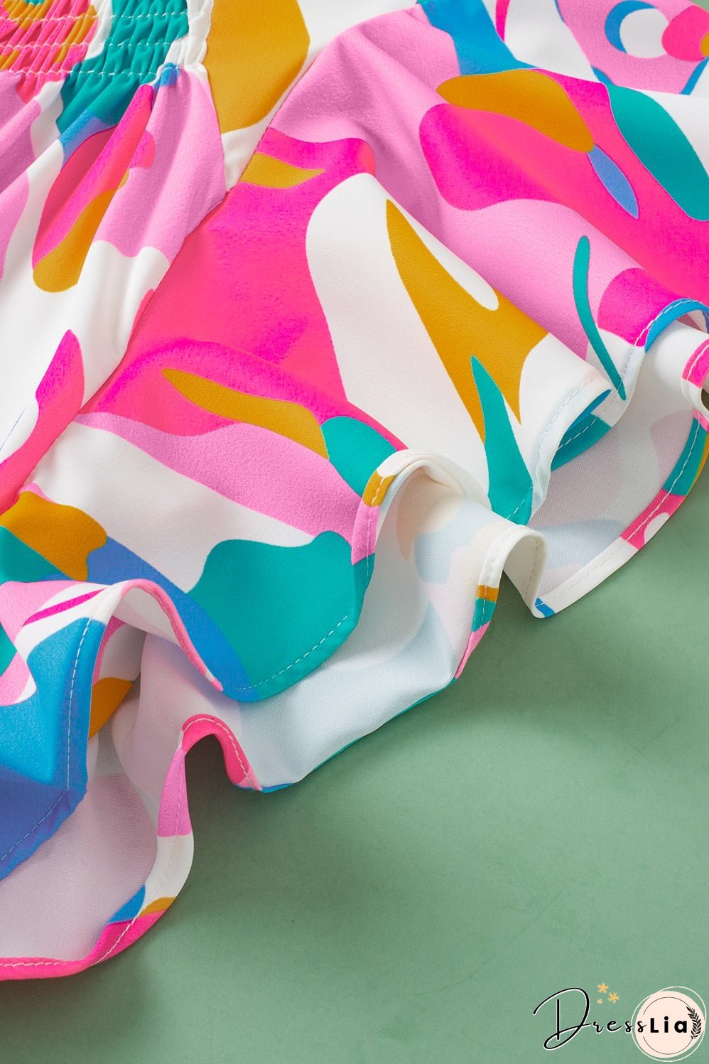 Abstract Print Notched Neck Flutter Sleeve Blouse
