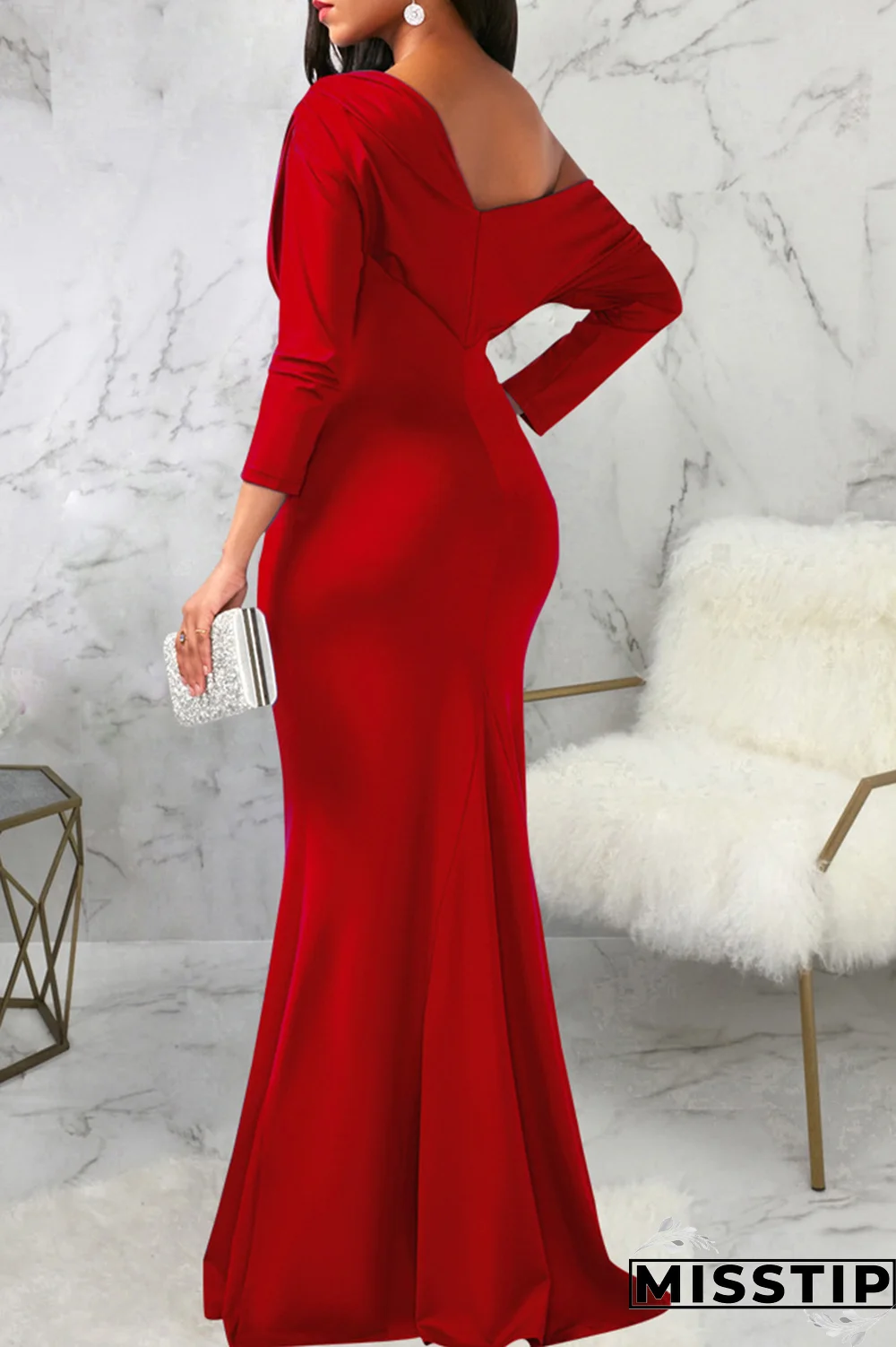 White Street Solid Patchwork One Shoulder Trumpet Mermaid Dresses