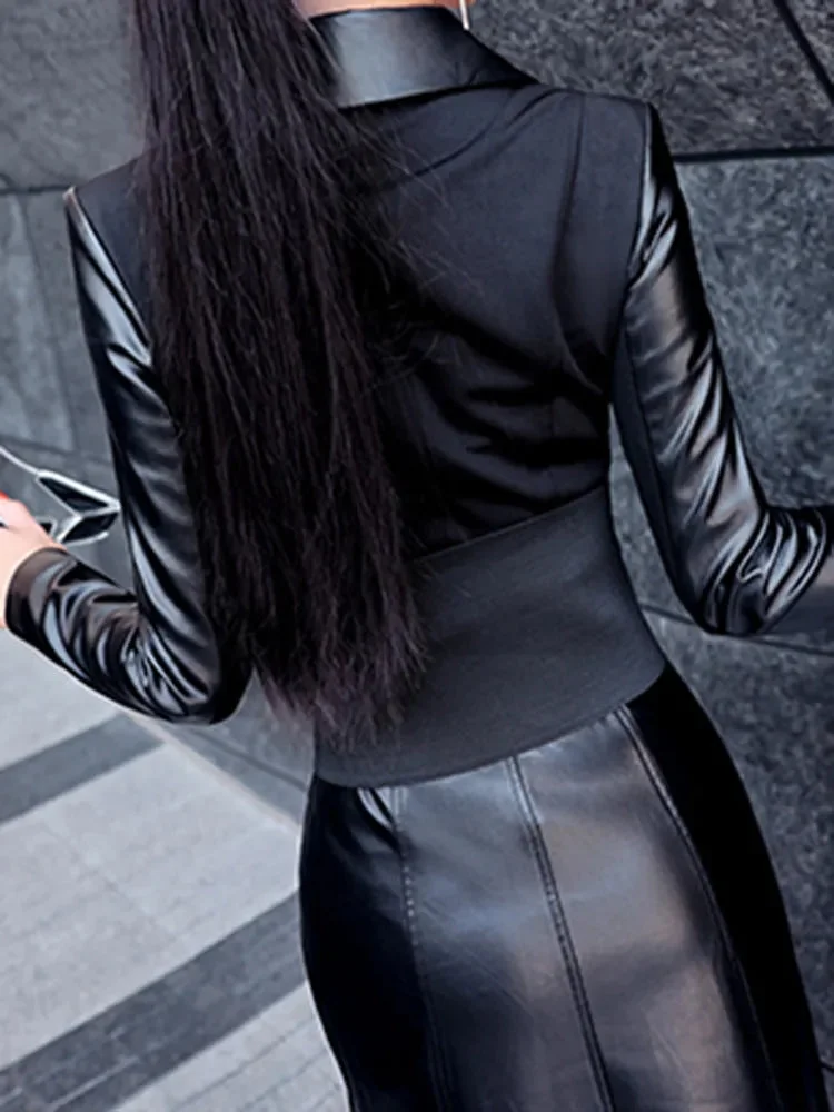 Huiketi Spring black maxi leather dress women long sleeve zipper corset Long tight dress Faux Leather dresses for women 2023