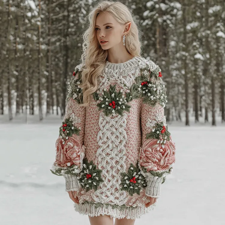 Women's Christmas Holly Berry Celtic Knot Midi Sweater Dress