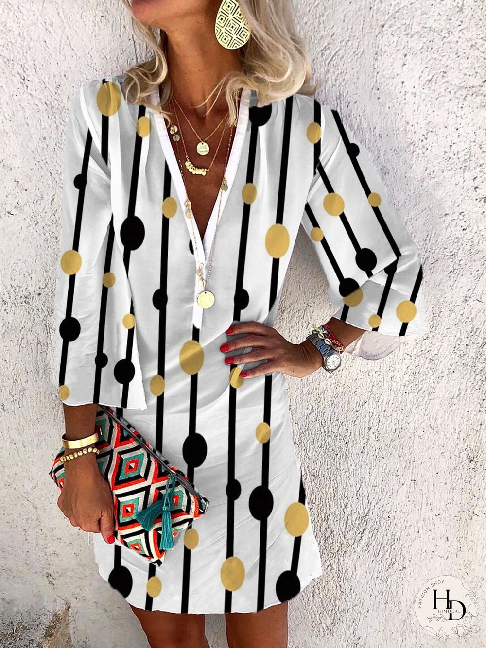 V Neck Casual Polka Dots Three Quarter Loose Dresses