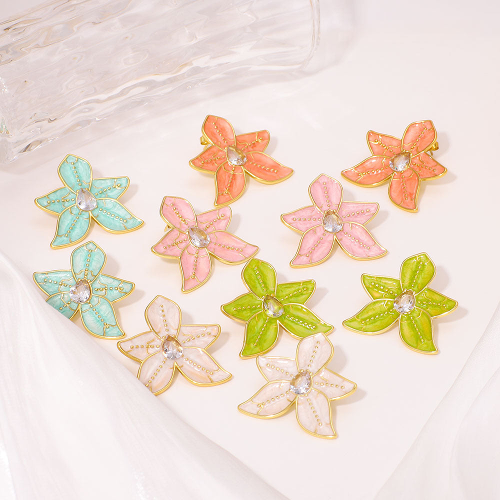 Ins Five Petals Flower Color Drip Glue Stainless Steel Earrings Earrings Female Diamond Earrings