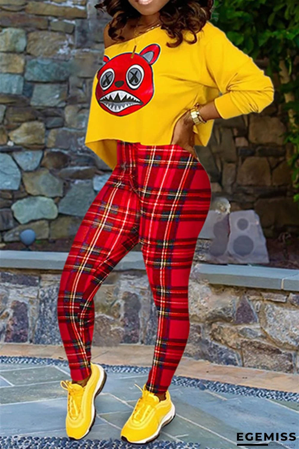 Yellow Sexy Patchwork Print pencil Long Sleeve Two Pieces | EGEMISS