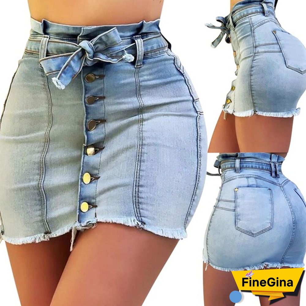 Sexy Bodycon Jeans Skirt Ladies Summer Button High Waist Skirt Women Bowknot Denim Skirt Streetwear Slim Pocket Skirts