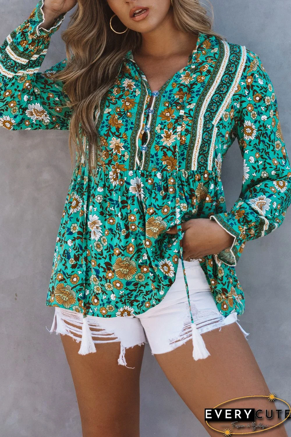 Green Boho Floral Print Peplum Long Sleeve Blouse