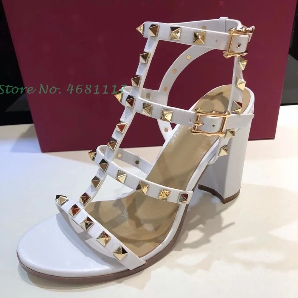 Rivets T-Strap Summer Heels Sandals  Luxury Brand Chunky Heels Sandals Studded Slingback Casual Summer White Party Shoes