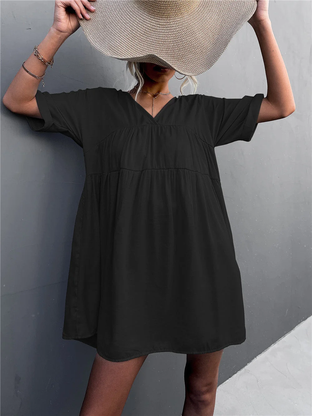 Women plus size clothing Women  Short Sleeve V-neck Mini Dress With Pockets-Nordswear