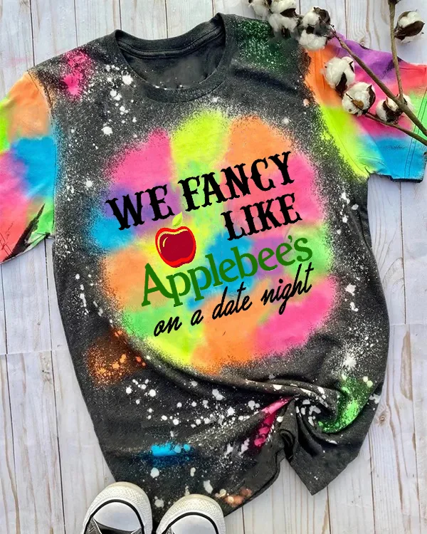 We Fancy Like Applebee's On A Date Night Country Music Leopard Bleached Print Short Sleeve T-shirt