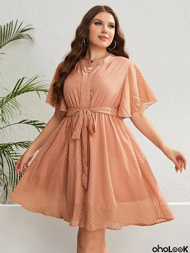 Plus Size Tie Waist Notched Neck Flutter Sleeve Dress