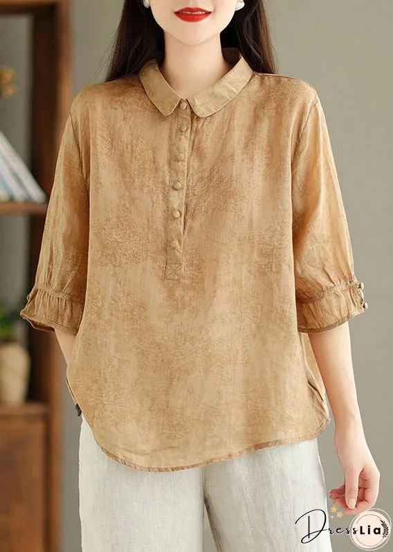 New Khaki Solid Button Print Linen Shirt Summer
