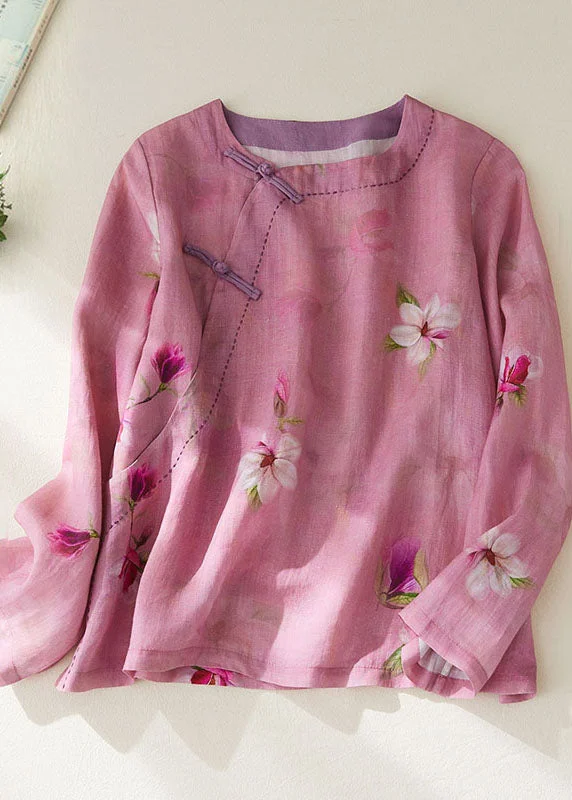 Rose Print Patchwork Cotton Top O Neck Chinese Button Long Sleeve