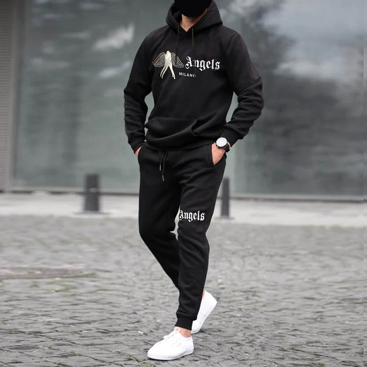 Vintage Angel Print Hoodie Sweatpants Set