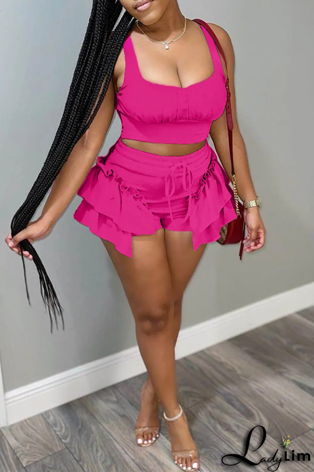 Rose Red Sexy Solid Flounce Square Collar Sleeveless Two Pieces