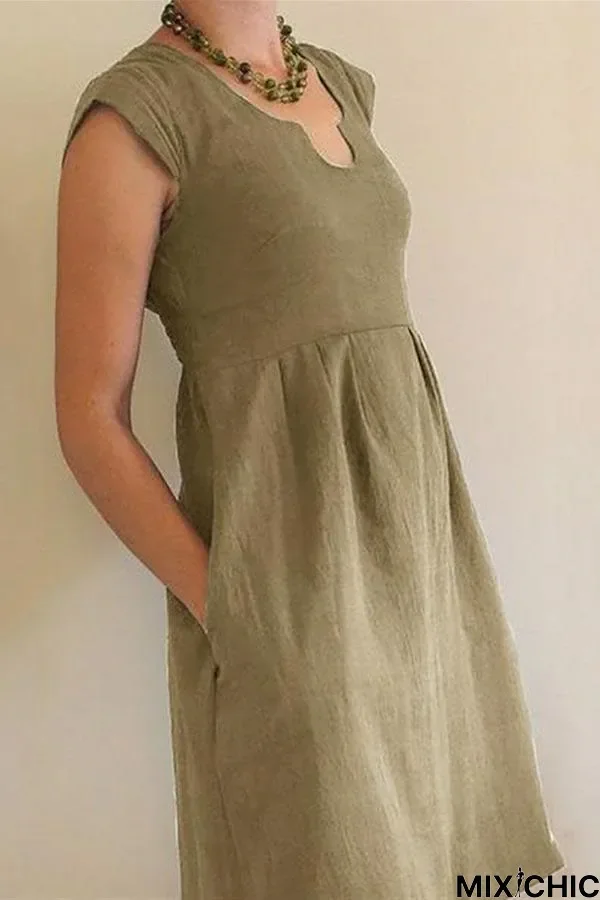 Solid Paneled U-Neck Casual Pockets Midi Dress Linen