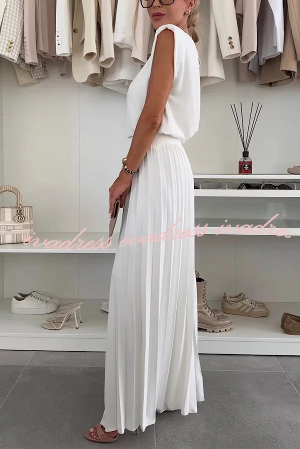 Fashionable Round Neck Shoulder Pads Top and Elastic Waist Pleated Wide-leg Pants Set