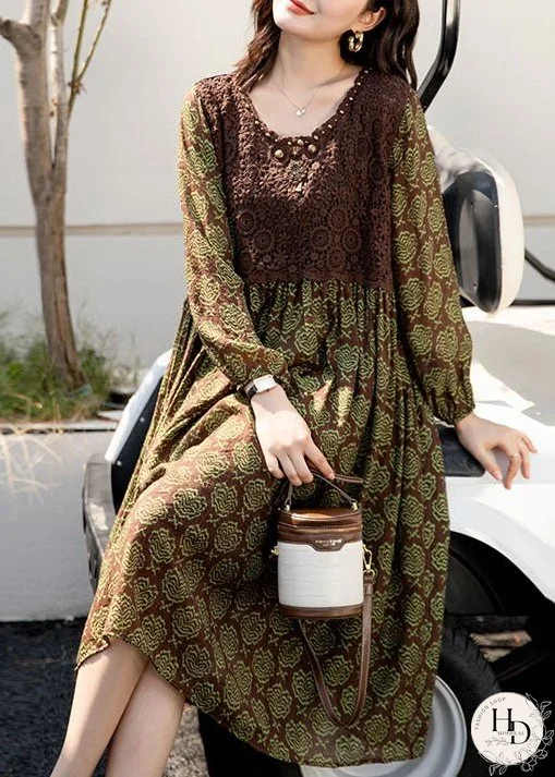 Vintage Green Wrinkled Print Knitting Patchwork Cotton Dress Spring