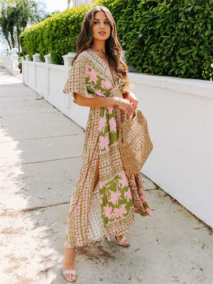 Spring and Summer New Women's Dress Temperament Flared Sleeve Bohemian Geometric Fresh Sweet Print Long Dress