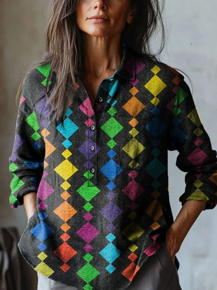 Women's Colorful Geometric Rhombus Art Print Casual Cotton And Linen Shirt