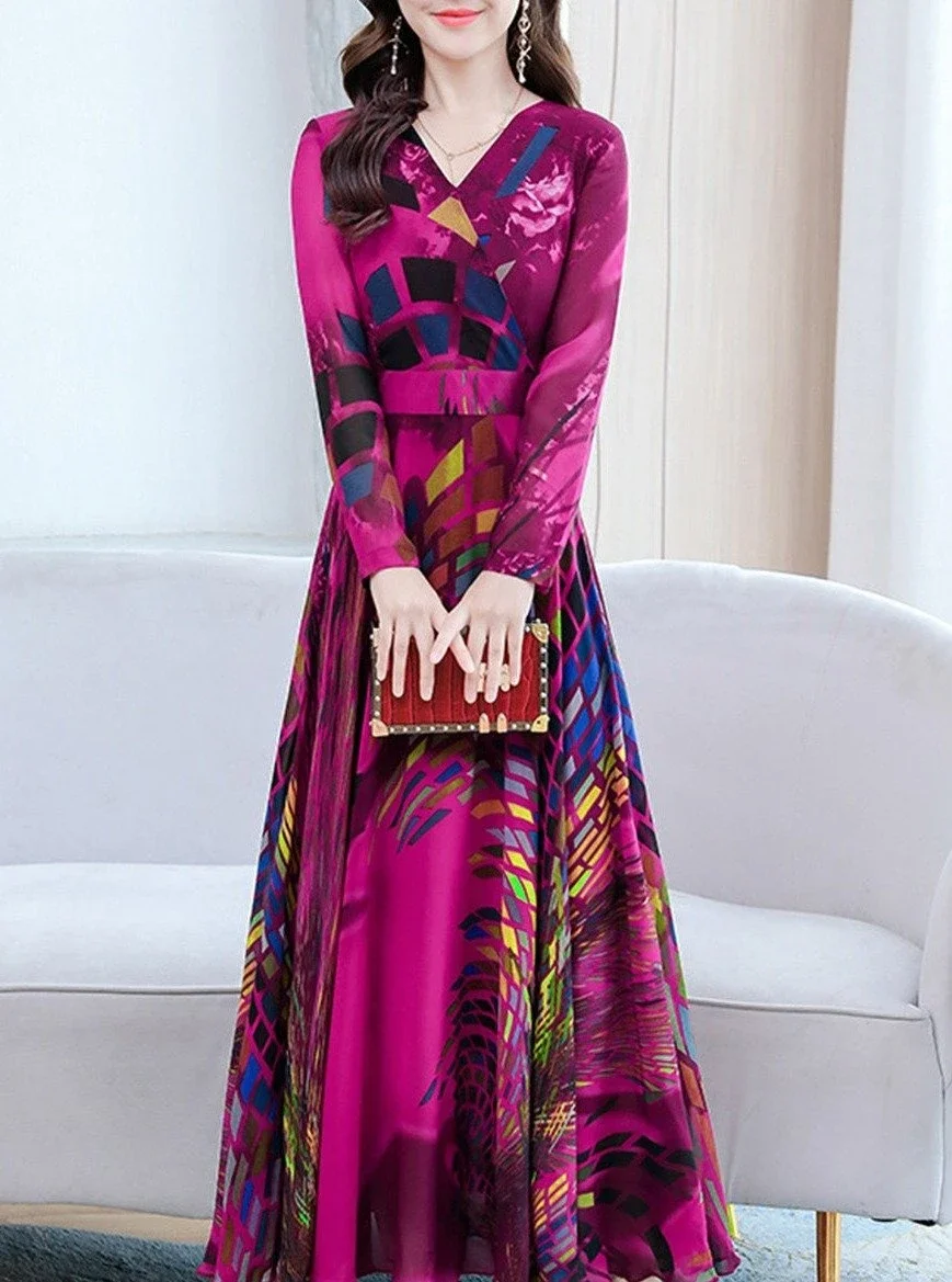 Long Sleeve Waist Printed V-Neck Maxi Dress | EGEMISS