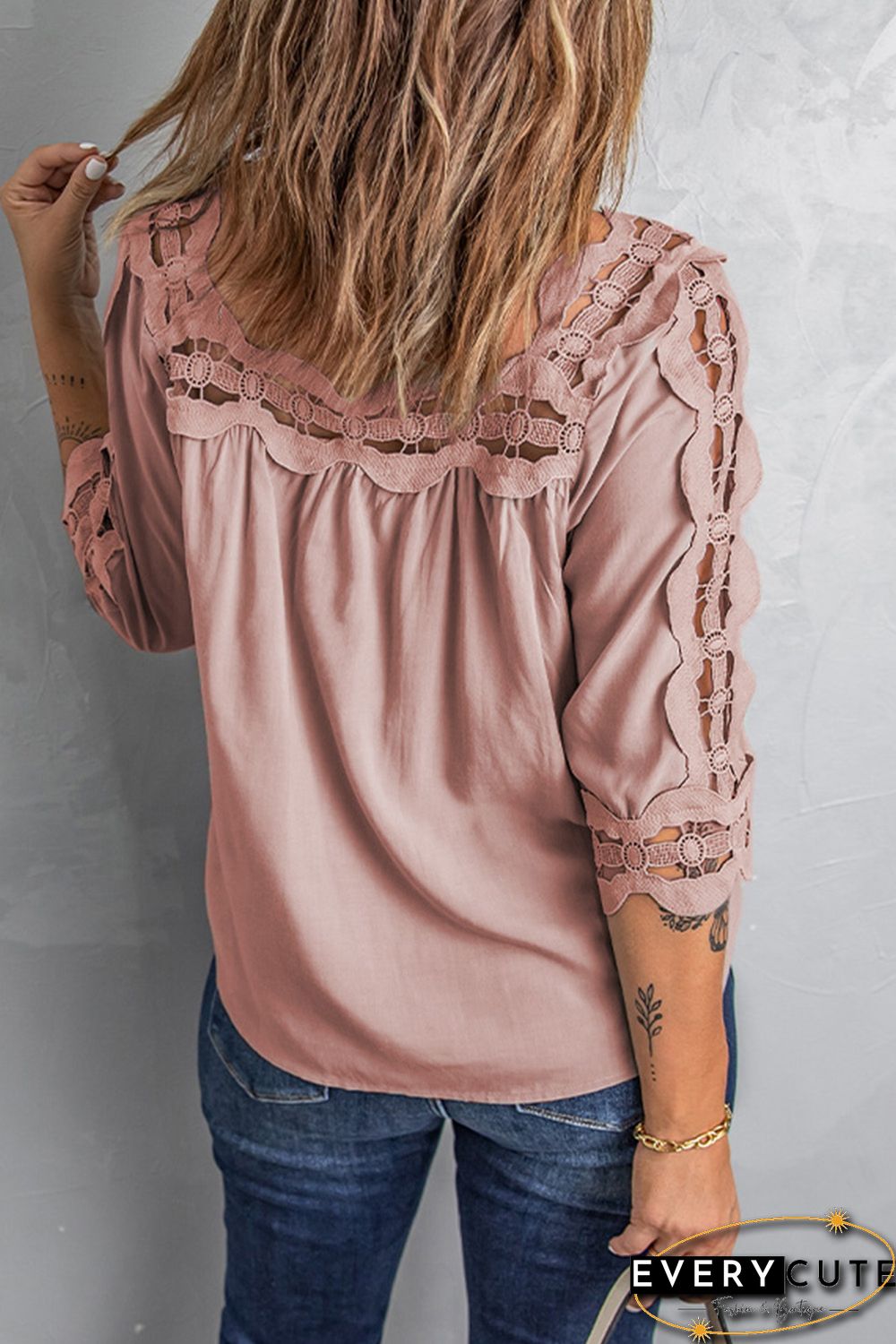 Pink Crochet Trim Hollow-out Blouse